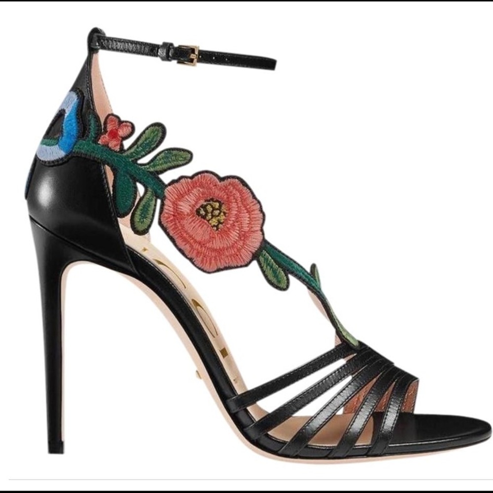 Gucci Ophelia Black Leather Floral Heel - size 34